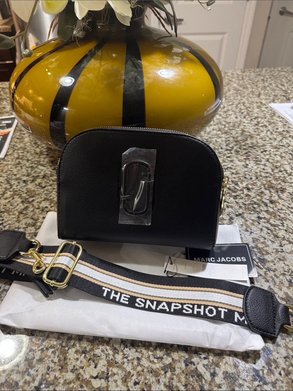 MJ Black Crossbody Snapshot Bag with Striped Strap